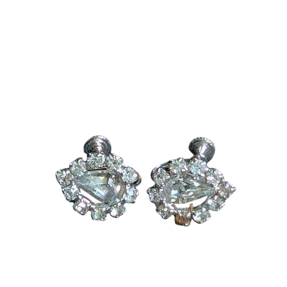 Vintage Rhinestone Screw Back Earrings Silver Tone Clear Crystal Cluster Pear